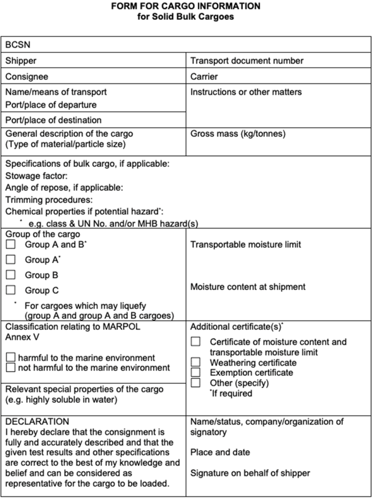 IMSBC form for cargo declaration for solid bulk cargoes. Source: IMO IMSBC Code