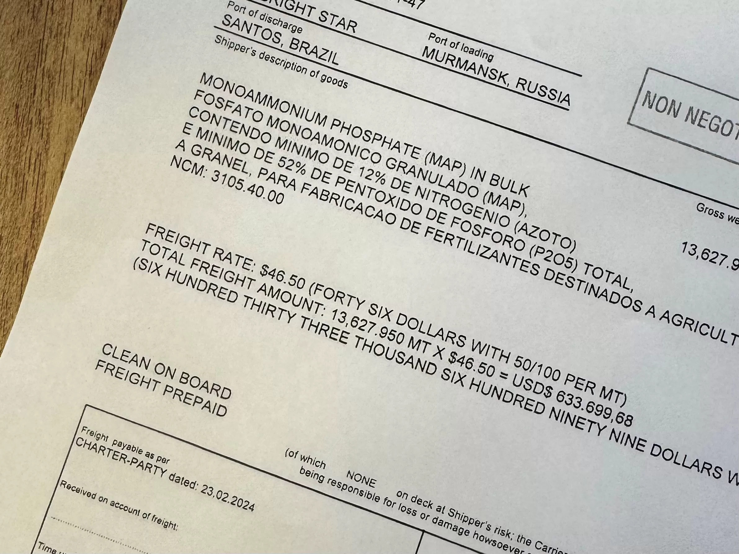 freight value on Bills of Lading